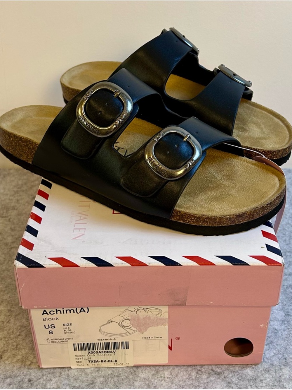 New FitValen Cork Footbed Flat Black Sandals for Women, / Size 8